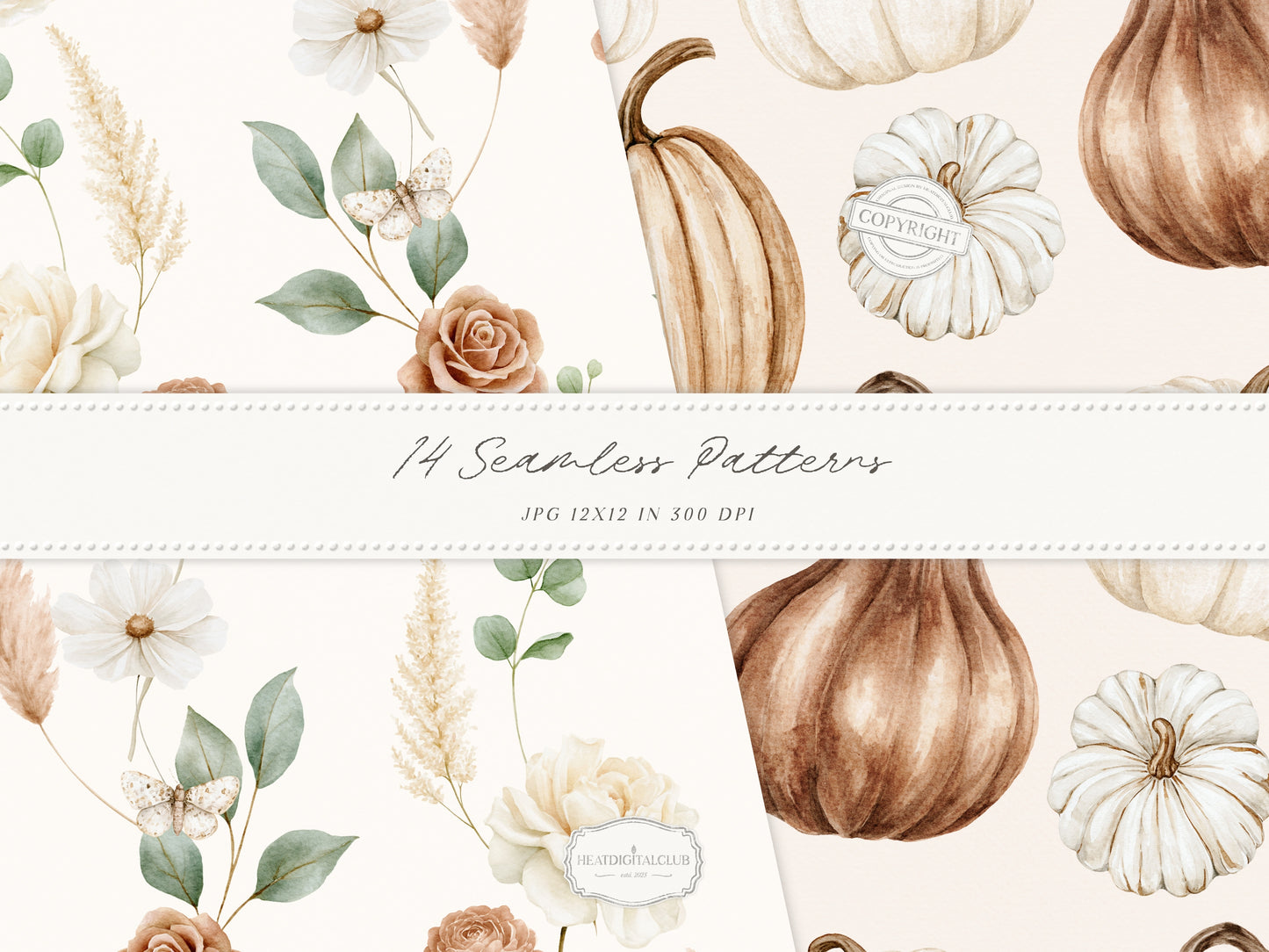 Bohemian Fall - Seamless Patterns, Boho Autumn, Cream Brown Floral Patterns, Pumpkins, Plaid | 14 JPEG