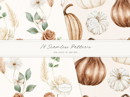 Bohemian Fall - Seamless Patterns, Boho Autumn, Cream Brown Floral Patterns, Pumpkins, Plaid | 14 JPEG