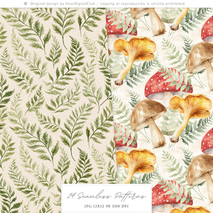 Mushroom Garden - Seamless Patterns, Cottagecore Forest Digital Paper, Shabby Patterns | 14 PNG