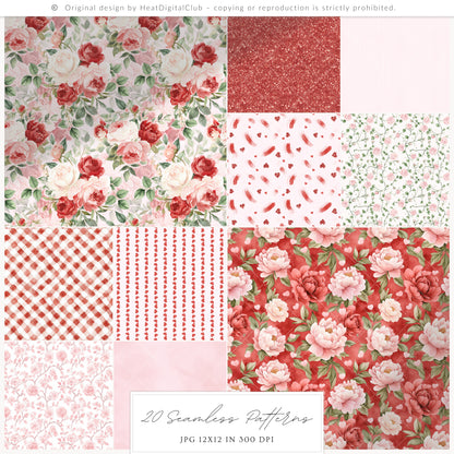 Heart to Heart - Valentine' Day Seamless Patterns, Red & Pink Romantic Love, Hearts Roses | 20 JPEG