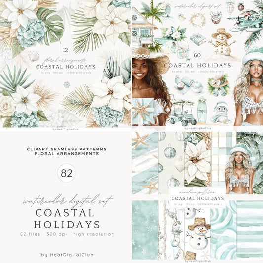 Coastal Holidays - Collection Bundle, Cozy Winter Clipart, Ocean Christmas | 82 PNG/JPEG