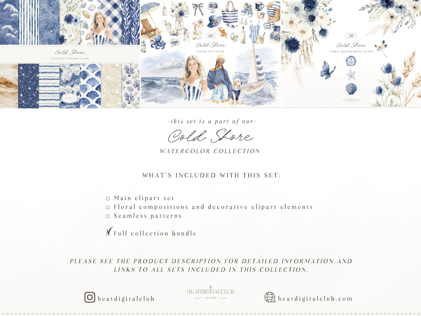Cold Shore - Clipart Bundle, Navy Coastal Girls, Summer Beach, Nautical Graphics, Blue Sea Fashion | 94 PNG/JPEG
