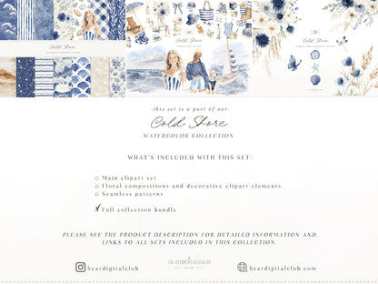 Cold Shore - Clipart Bundle, Navy Coastal Girls, Summer Beach, Nautical Graphics, Blue Sea Fashion | 94 PNG/JPEG