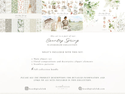 Country Spring - Bundle Clipart, Rustic Cottagecore, Strawberry Garden, French Farmhouse, Soft Neutral | 94 PNG/JPEG