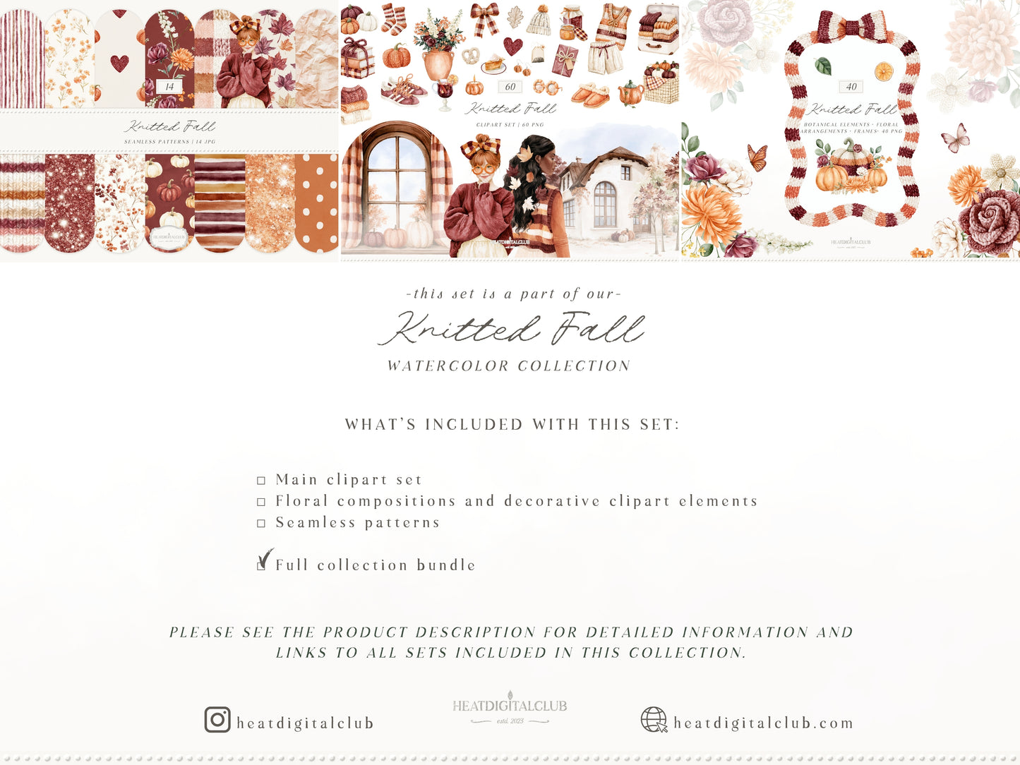 Knitted Fall - Watercolor Collection, Autumn Clipart Bundle, Cozy Fall Patterns, Floral Arrangements, Pumpkin | 114 PNG/JPEG