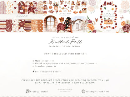 Knitted Fall - Watercolor Collection, Autumn Clipart Bundle, Cozy Fall Patterns, Floral Arrangements, Pumpkin | 114 PNG/JPEG
