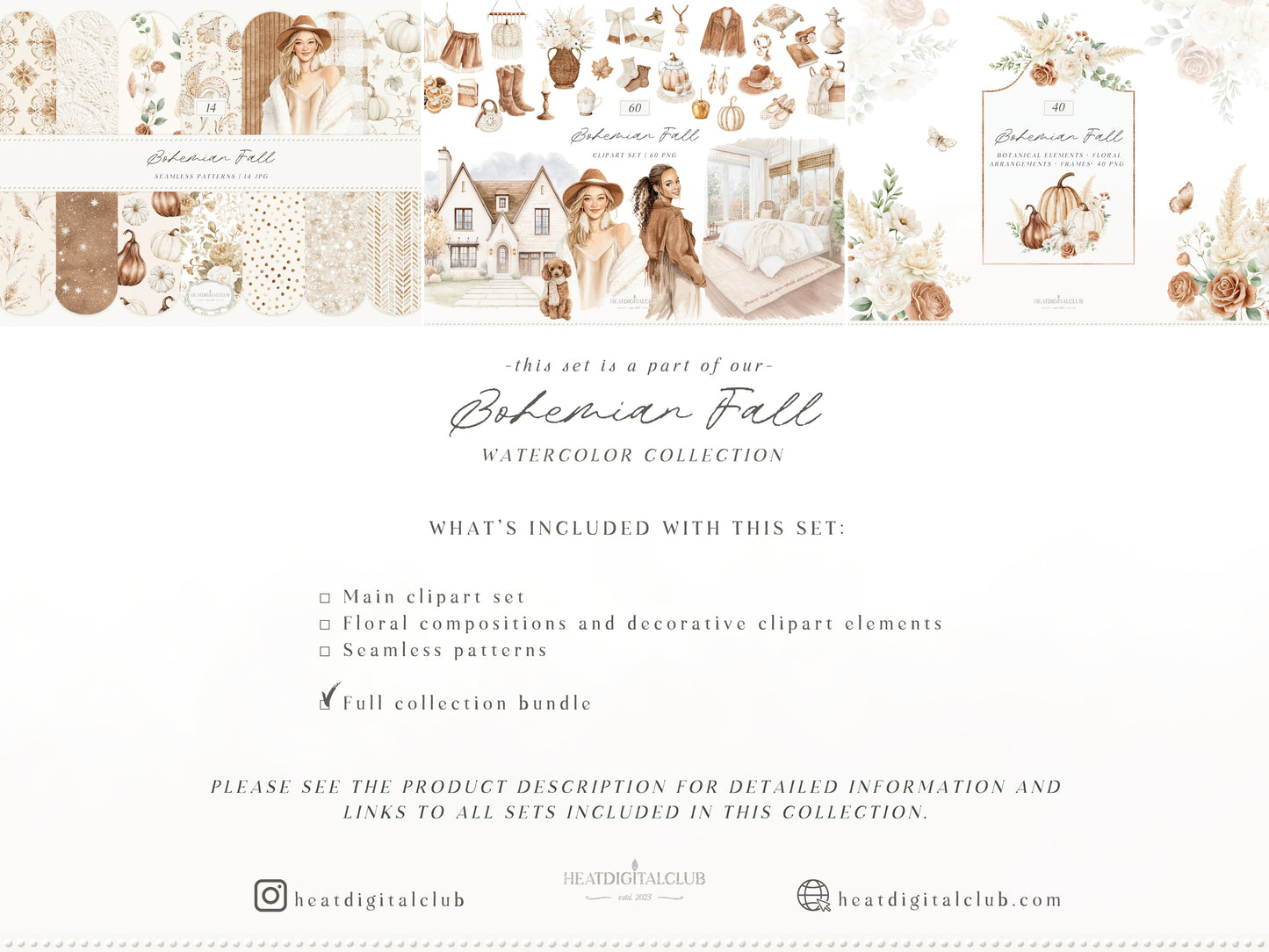 Bohemian Fall - Boho Autumn Clipart Bundle, Western Fall Graphics,Pumpkin Clipart, Cottage Fall | 114 PNG/JPEG