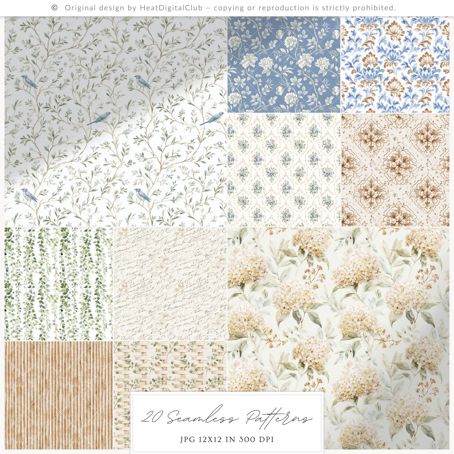 Quiet Cottage - Seamless Patterns, French Cottagecore Hydrangea, Gingham, Chinoiserie, Vintage | 20 JPEG