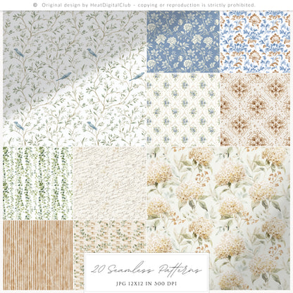 Quiet Cottage - Seamless Patterns, French Cottagecore Hydrangea, Gingham, Chinoiserie, Vintage | 20 JPEG