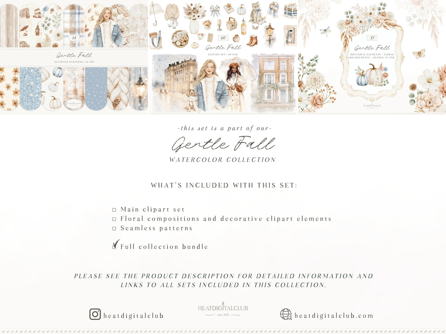Gentle Fall - Clipart & Seamless Patterns Collection, Cozy Fall, Neutral Autumn, London | 111 PNG/JPEG