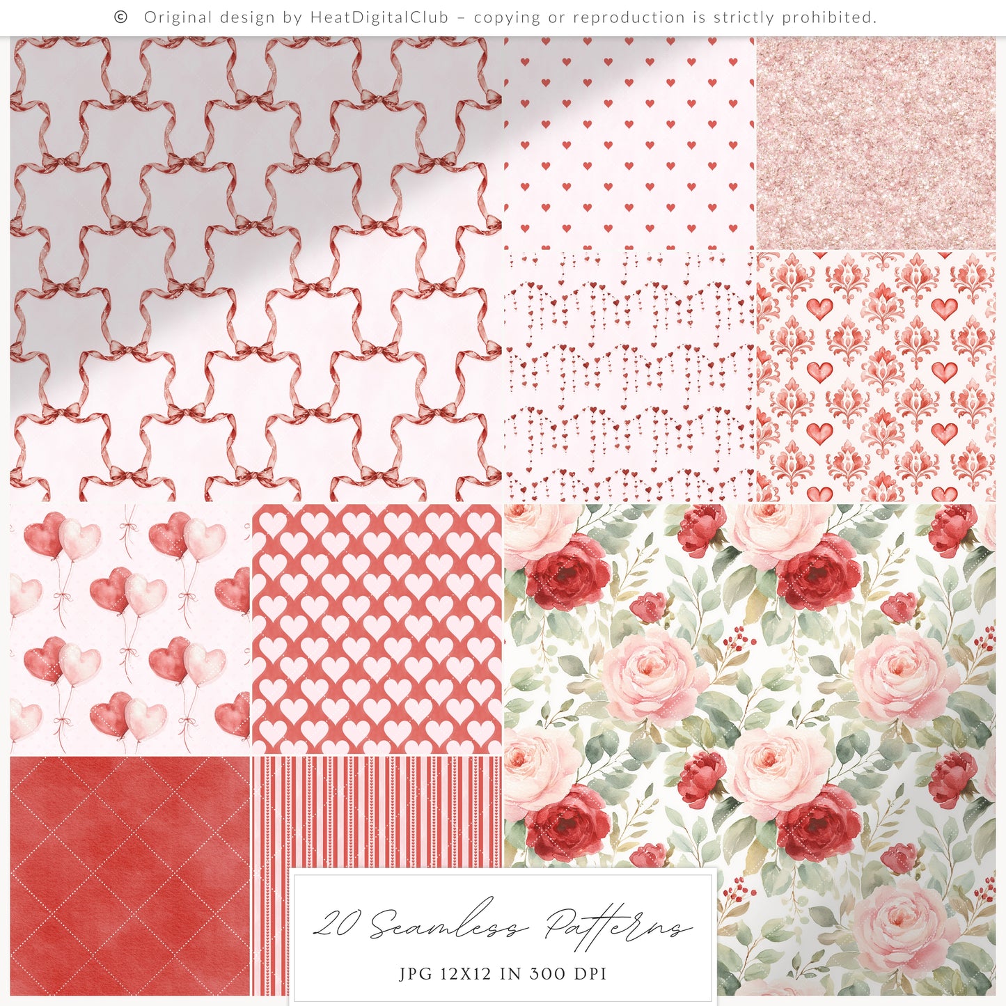 Heart to Heart - Valentine' Day Seamless Patterns, Red & Pink Romantic Love, Hearts Roses | 20 JPEG