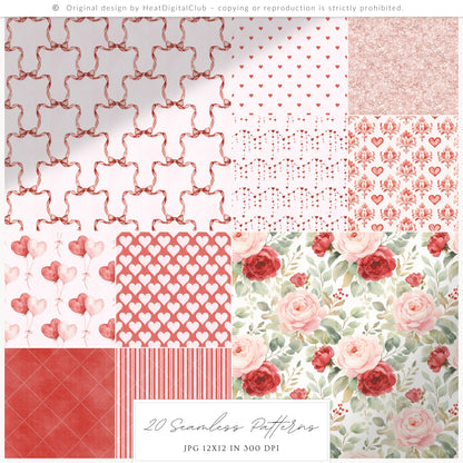 Heart to Heart - Valentine' Day Seamless Patterns, Red & Pink Romantic Love, Hearts Roses | 20 JPEG