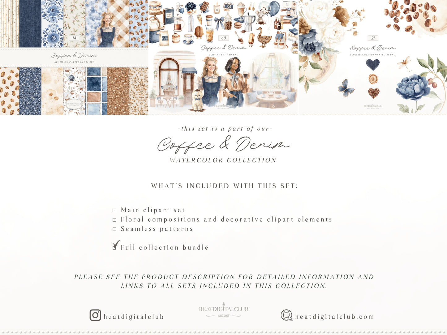 Coffee & Denim - Clipart Set Bundle, Denim Aesthetic, Cafe Decor , Cozy Lifestyle Cottagecore | 95 PNG/JPEG