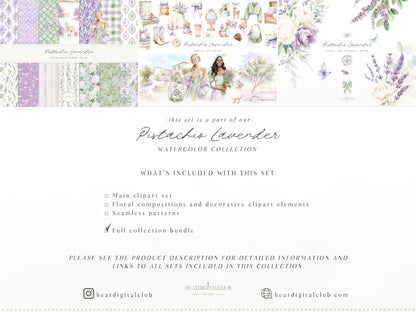 Pistachio Lavender - Bundle Clipart & Patterns, French Countryside Aesthetic, Lavender Field, Romantic Spring  | 94 PNG/JPEG