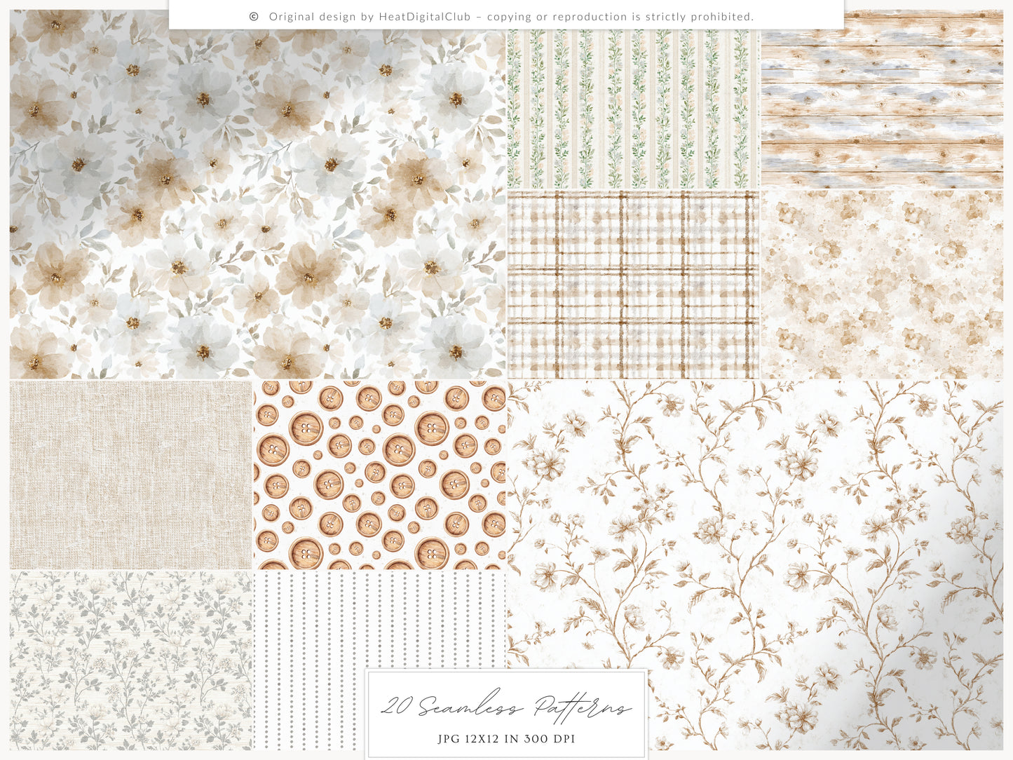 Rustic Atelier - Seamless Patterns, Neutral Floral , Cottagecore, Country, French Rustic | 20 JPEG