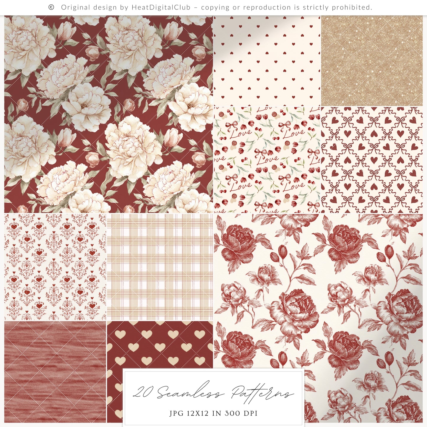 Cherry in Love - Valentine' Day Seamless Patterns, Romantic Love, Hearts Floral, Gingham | 20 JPEG