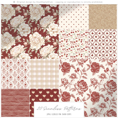 Cherry in Love - Valentine' Day Seamless Patterns, Romantic Love, Hearts Floral, Gingham | 20 JPEG