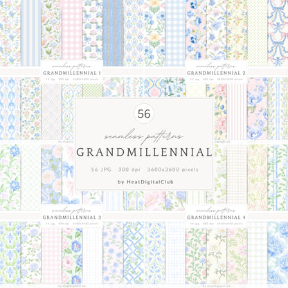 Grandmillennial - Seamless Patterns Bundle, Pastel Floral, Stripes, Plaid, Glitter | 56 JPEG