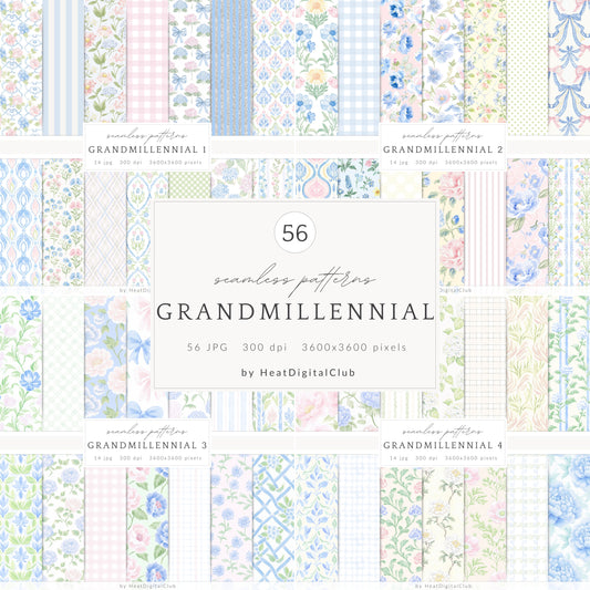 Grandmillennial - Seamless Patterns Bundle, Pastel Floral, Stripes, Plaid, Glitter | 56 JPEG