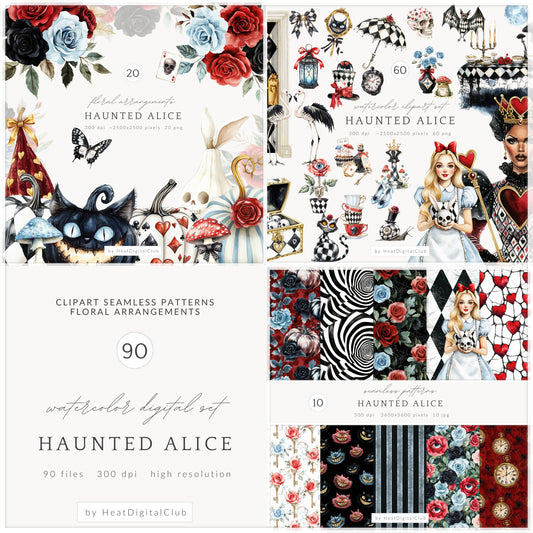 Haunted Alice - Collection Bundle, Halloween, Gothic Wonderland | 90 PNG/JPEG