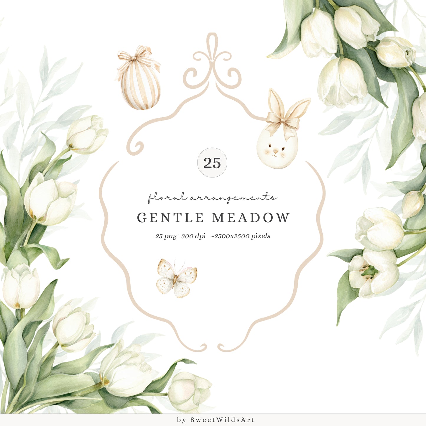 Gentle Meadow - Floral Arrangements Clipart, Spring Tulips Floral, Neutral Cottage Flowers, Easter Bouquet | 25 PNG