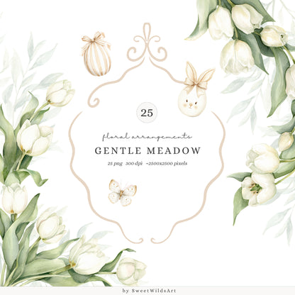 Gentle Meadow - Floral Arrangements Clipart, Spring Tulips Floral, Neutral Cottage Flowers, Easter Bouquet | 25 PNG