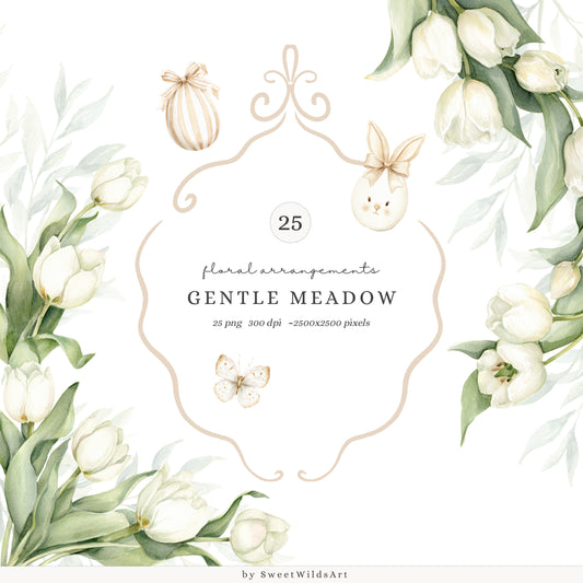 Gentle Meadow - Floral Arrangements Clipart, Spring Tulips Floral, Neutral Cottage Flowers, Easter Bouquet | 25 PNG
