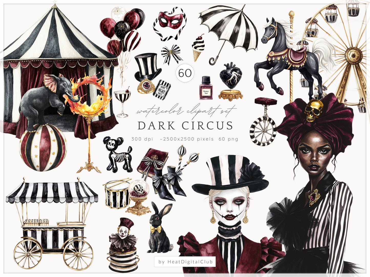 Dark Circus - Collection Bundle, Gothic Halloween, Vintage Carnival | 82 PNG/JPEG