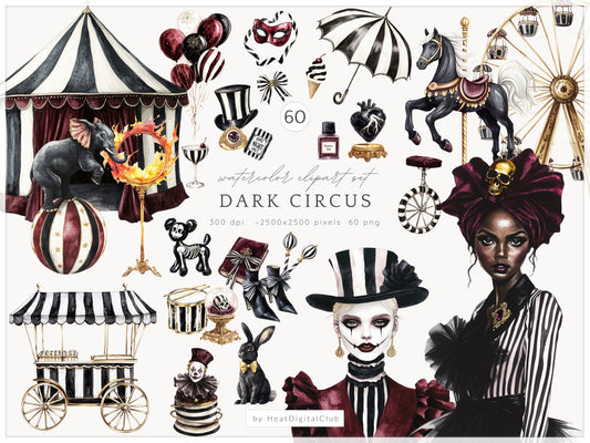 Dark Circus - Gothic Halloween, Vintage Carnival Clipart, Spooky Performer | 60 PNG