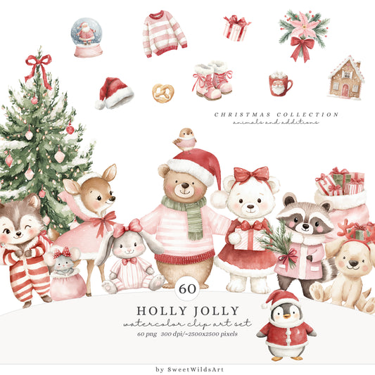 Holly Jolly - Christmas Clipart, Cute Holiday Baby Animals, Kids Holiday | 60 PNG