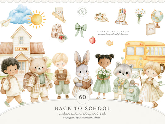 Back To School - Watercolor Clipart Bundle, School Animals, Preschool Toddlers Learning | 60 PNG