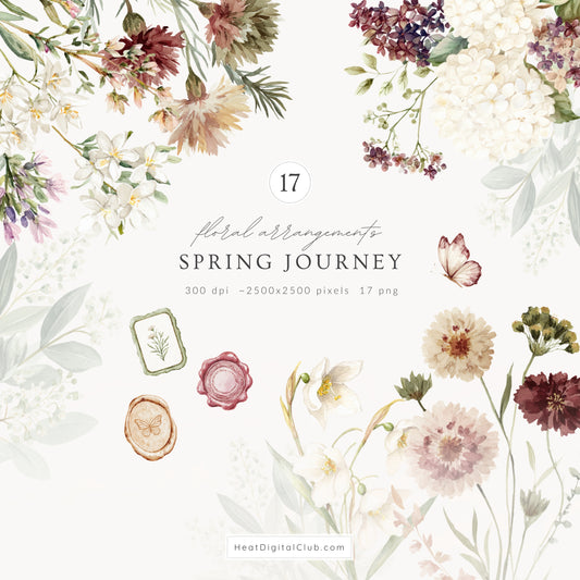 Spring Journey - Floral Arrangements  Clipart, Botanical, Elegant English Spring Flowers, Soft Wildflowers | 17 PNG
