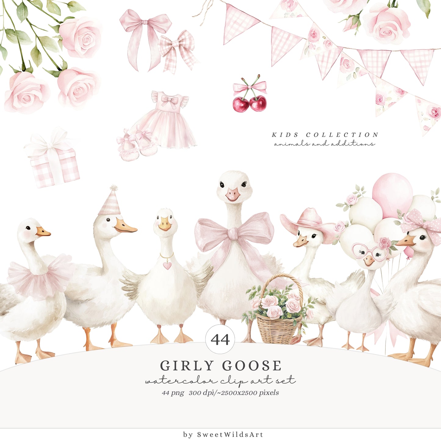 Girly Goose - Pink Silly Goose, Coquette Nursery, Boho Baby Shower | 44 PNG