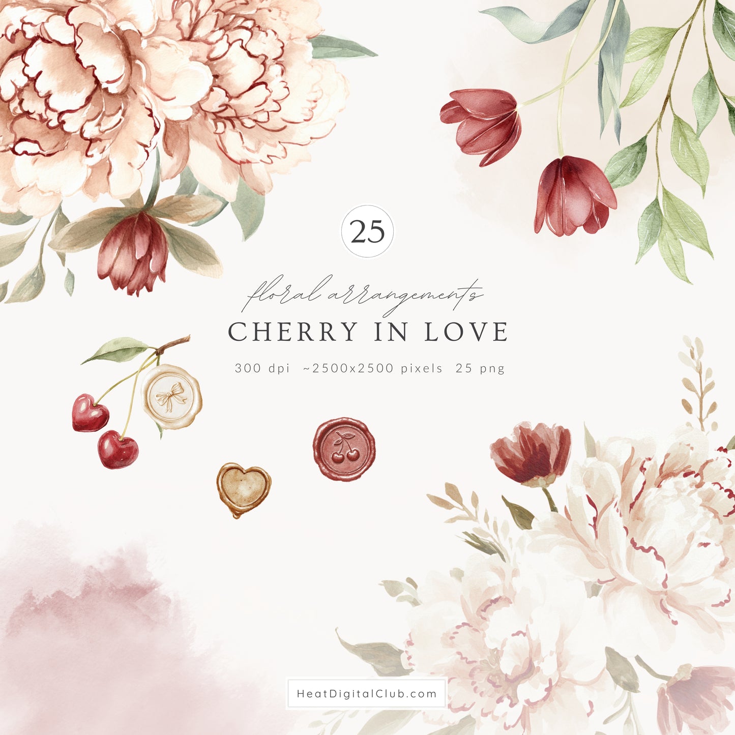 Cherry in Love - Valentine's Day Clipart Bundle, Cute Animals, Hearts, Bows, Romantic | 115 PNG/JPEG