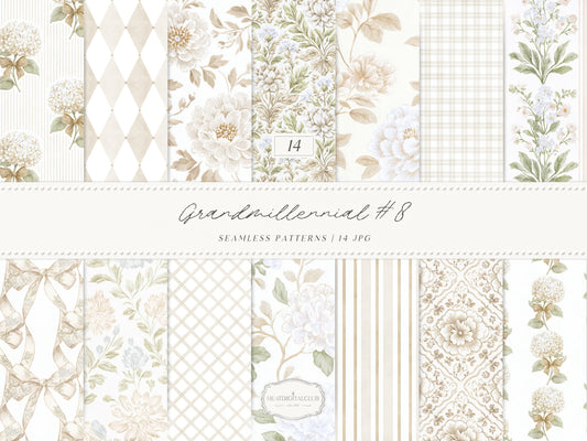 Grandmillennial Set 8 - Seamless Patterns, Beige Neutral Floral, Estate Botanical, Stripes, Damask Patterns | 14 JPEG