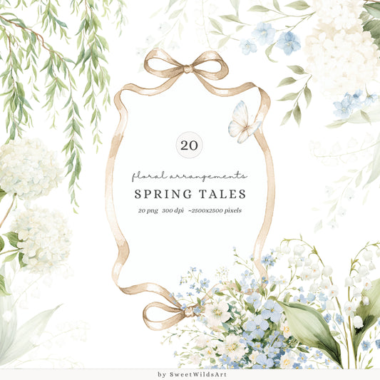 Spring Tales - Floral Arrangements Clipart, Spring Flowers, Hydrangea Blue Ivory Florals, Cottagecore | 20 PNG