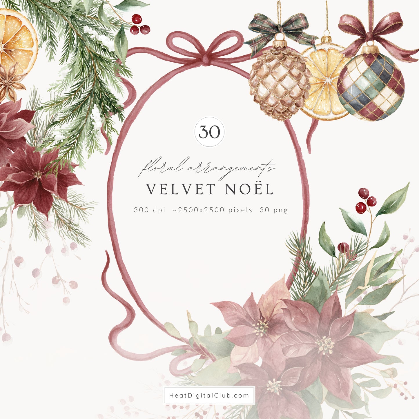 Velvet Noël - Christmas Floral Arrangements, Poinsettia Bouquets, Holiday Greenery | 30 JPEG