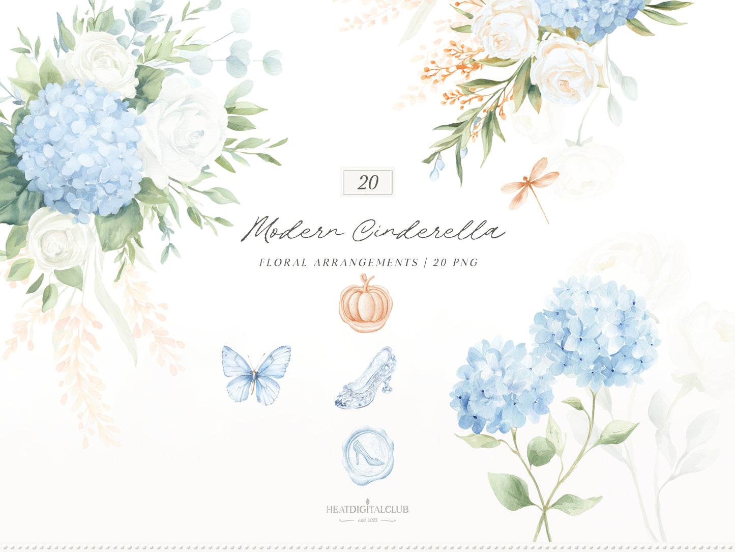 Modern Cinderella -  Floral Arrangements, Blue Hydrangea, White Roses , French Floral, Romantic Flowers | 20 PNG