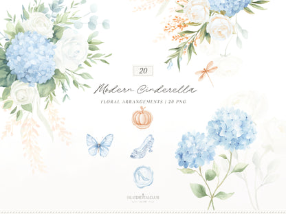 Modern Cinderella -  Floral Arrangements, Blue Hydrangea, White Roses , French Floral, Romantic Flowers | 20 PNG