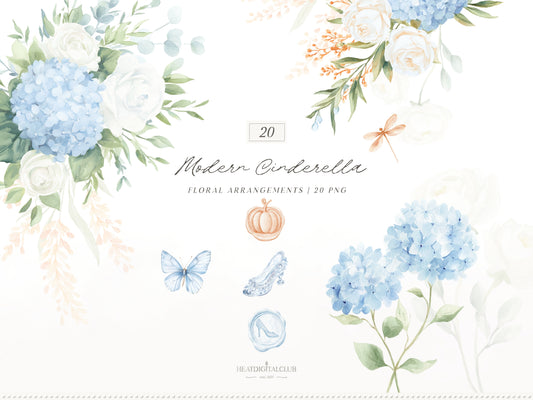 Modern Cinderella -  Floral Arrangements, Blue Hydrangea, White Roses , French Floral, Romantic Flowers | 20 PNG