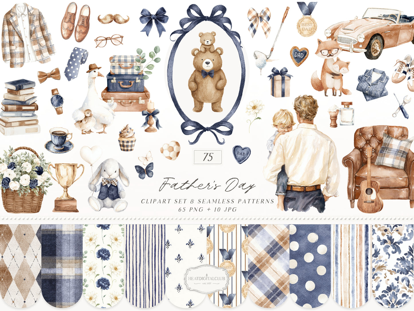 Fathers Day - Dad and Baby Animals Clipart, Vintage Dad, Masculine Clipart | 75 PNG/JPEG