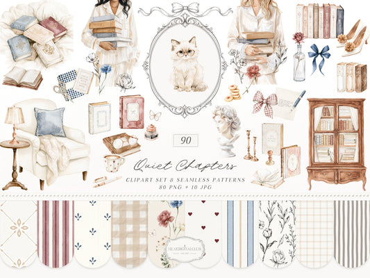 Quiet Chapters - Book Clipart, Vintage Books Aesthetic, Reading Clipart, Cozy Library, French Countryside | 90 PNG/JPEG
