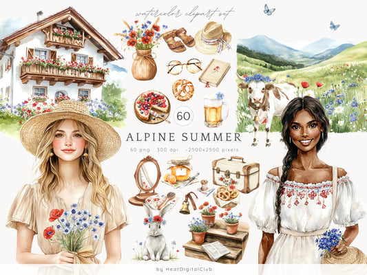 Alpine Summer -  Bavarian Cottage, Summer Clipart, Rustic Countryside | 60 PNG