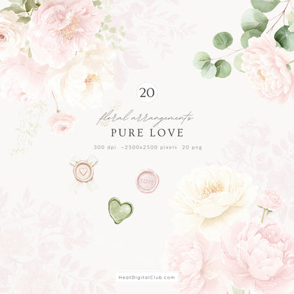 Pure Love - Floral Arrangements, Blush Pink Ivory, Romantic Bouquet, Feminine Peonies | 20 PNG