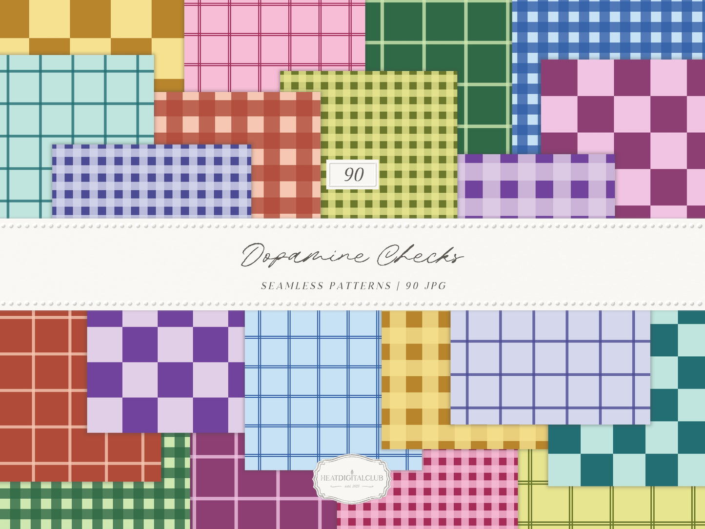 Dopamine Checks - Colorful Modern Plaid Seamless Patterns, Paper Collection | 90 JPEG