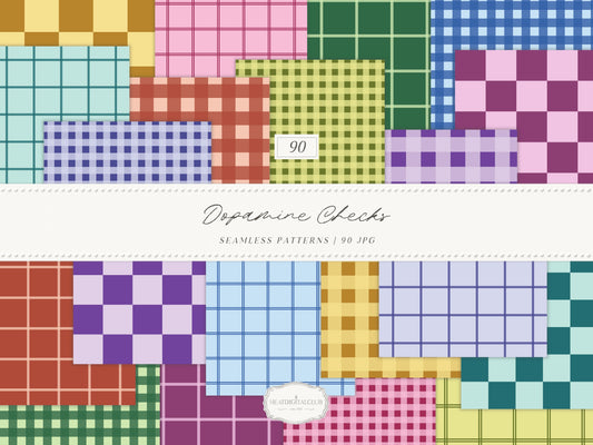 Dopamine Checks - Colorful Modern Plaid Seamless Patterns, Paper Collection | 90 JPEG
