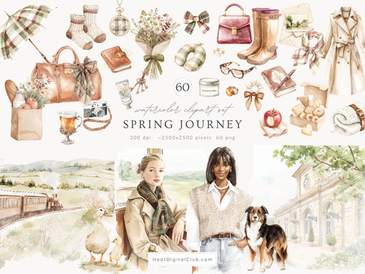 Spring Journey - Clipart, Travel Aesthetic, English Countryside, Elegant Spring Cottagecore | 60 PNG