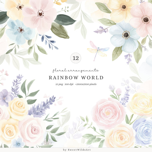 Rainbow World - Floral Arrangements, Pastel Watercolor Flowers  | 12 PNG