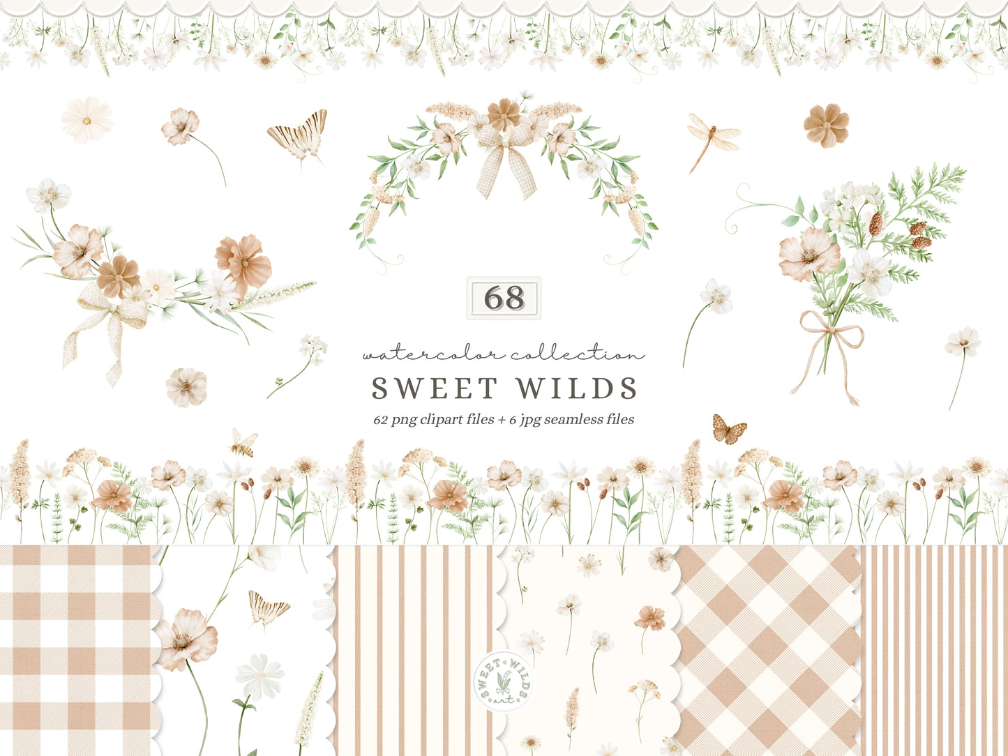 Sweet Wilds - Flowers Clipart, Meadow Flowers, Neutral Floral, Beige Ivory Flowers, Wildflower Baby Shower | 68 PNG/JPEG