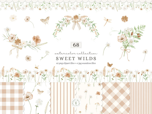 Sweet Wilds - Flowers Clipart, Meadow Flowers, Neutral Floral, Beige Ivory Flowers, Wildflower Baby Shower | 68 PNG/JPEG